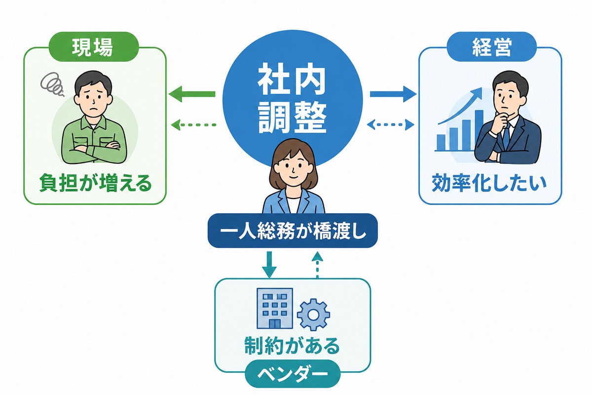 社内調整で立場や情報量が異なることを示す図解