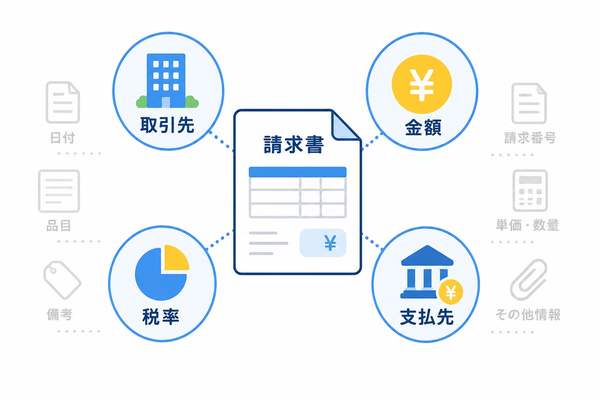 請求書OCRで取引先名、金額、税率別金額、支払先情報など必要項目を絞る図解