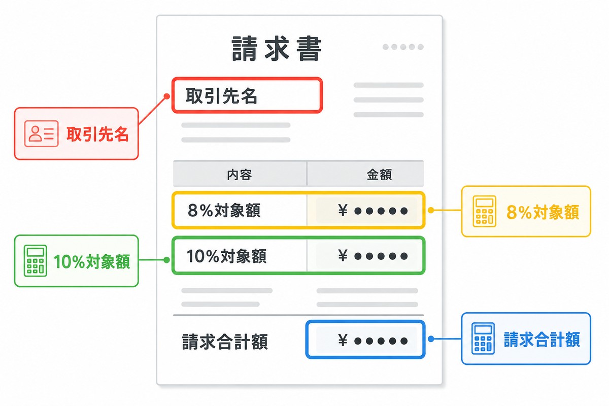 請求書の取引先名や税率別金額や合計額を色枠で指定する図解