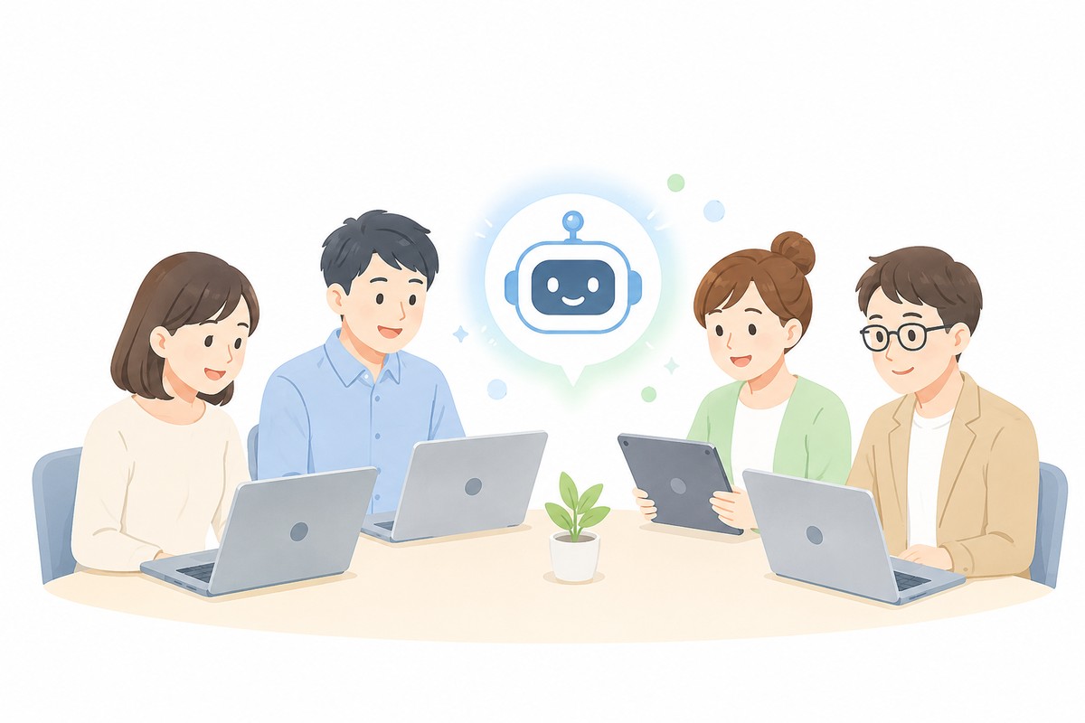 社員がAIを気軽に試しているイラスト
