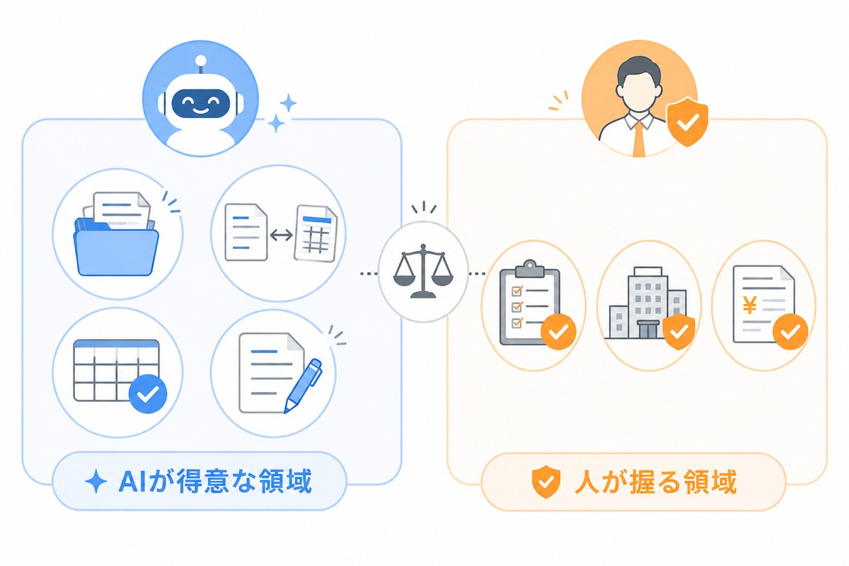 AIに任せやすい業務と人が判断すべき業務を分けた図解