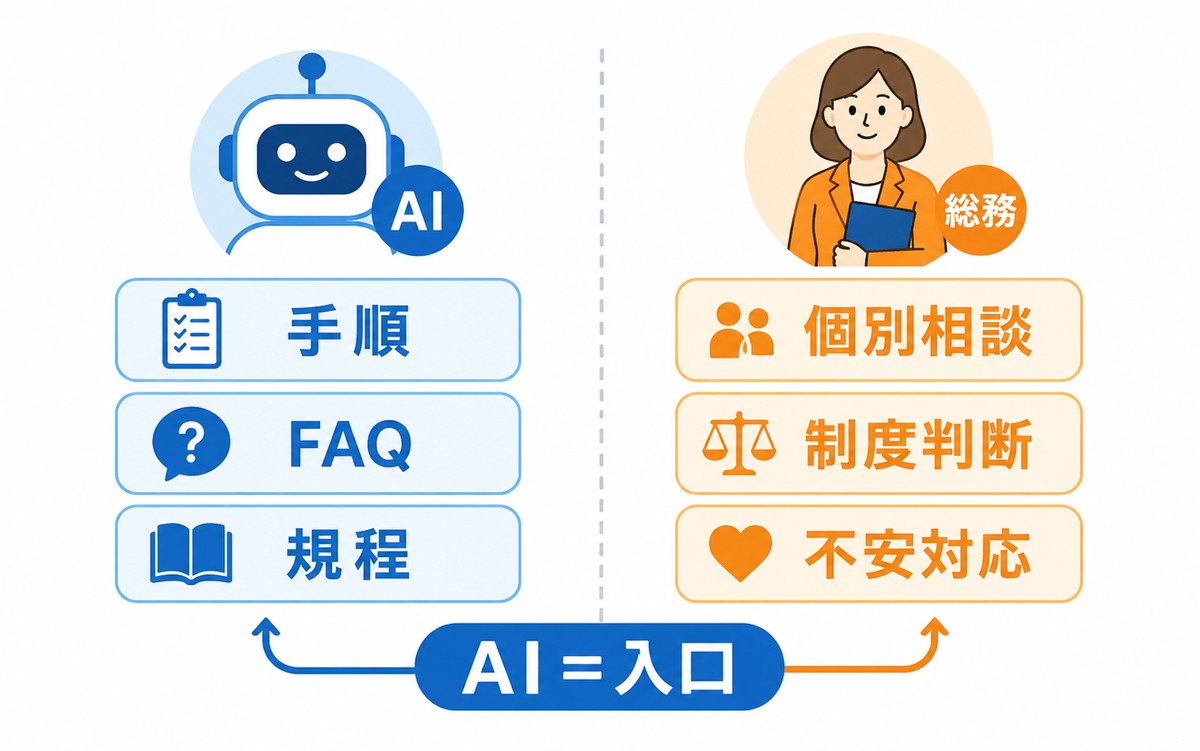 AIに任せる内容と総務が対応する内容の違いを示す図解