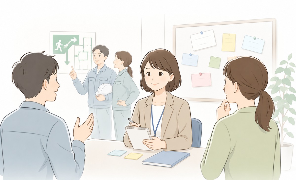防災訓練後に参加者の不安や質問をメモする総務担当者のイラスト