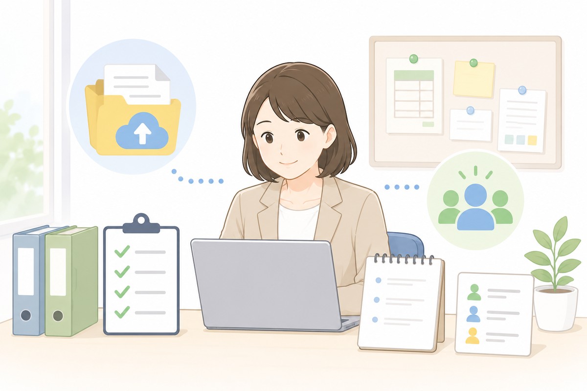 共有しやすい台帳へ情報を整理している総務担当者のイラスト