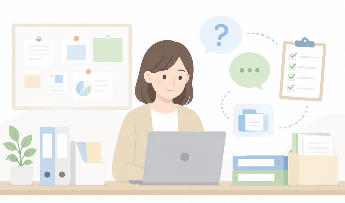 社内からの質問や反応を整理する総務担当者のイラスト