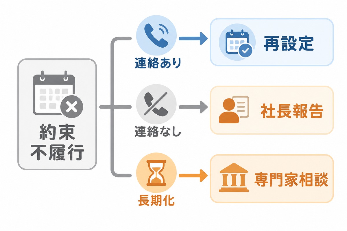 支払約束が守られなかった後の再確認や社長報告などの分岐を示す図解