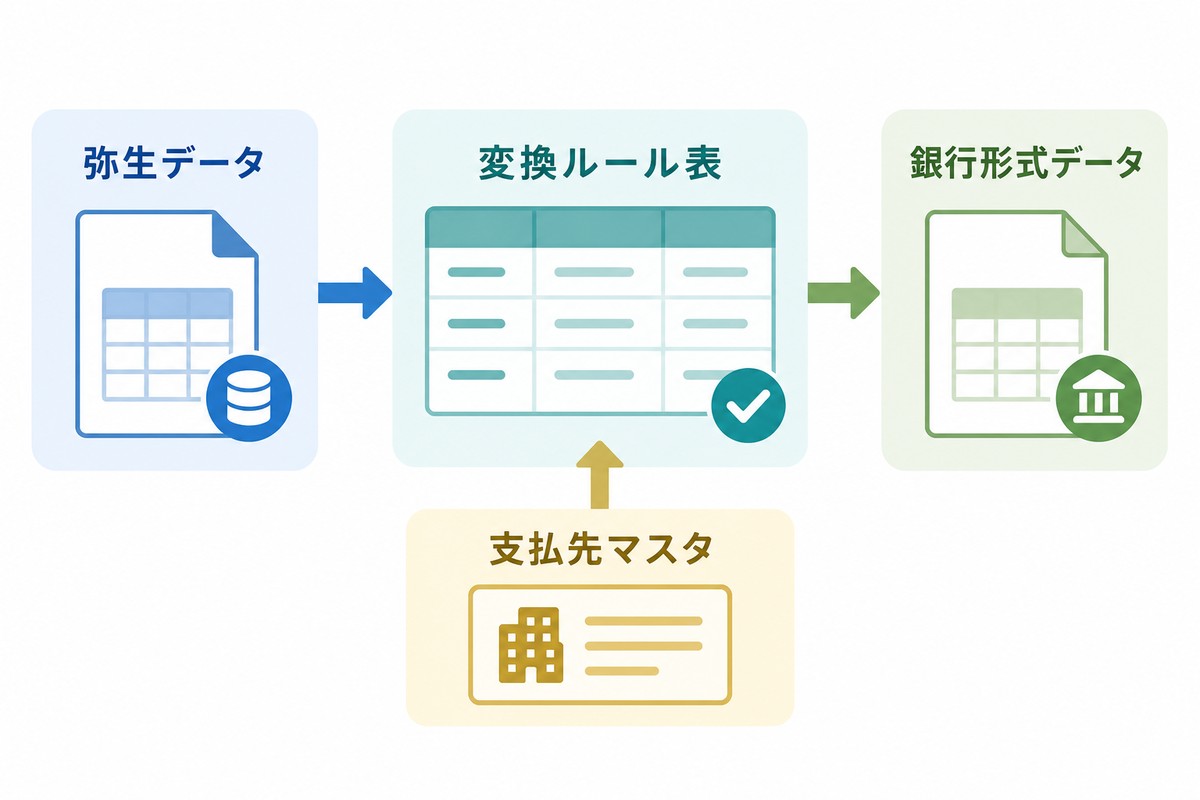 支払先マスタと変換ルールで銀行振込データを整形する仕組みの図解