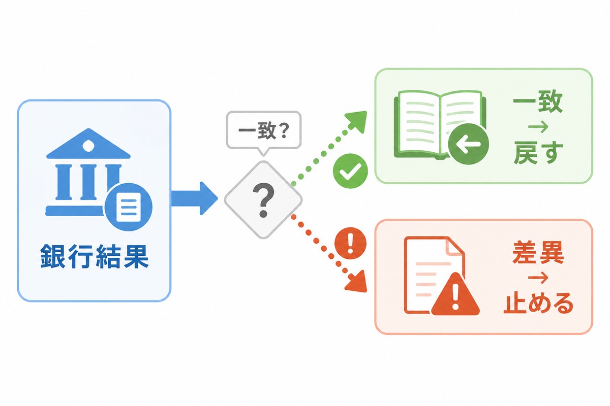 振込済みは会計へ戻しエラーや差異は人が確認する判断フロー
