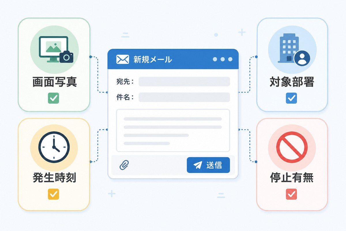 システム会社への問い合わせで画面写真や発生時刻を送る図解