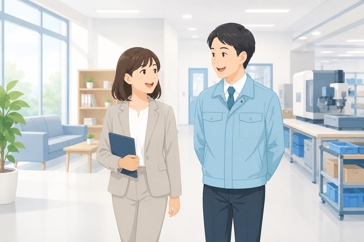 会社見学中にリラックスして会話する採用担当者と求職者のイラスト