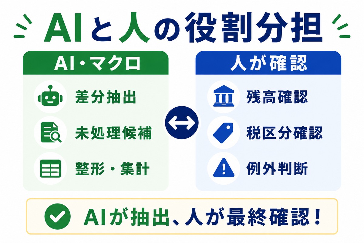 月次決算でAIが抽出し人が最終確認する役割分担の図解