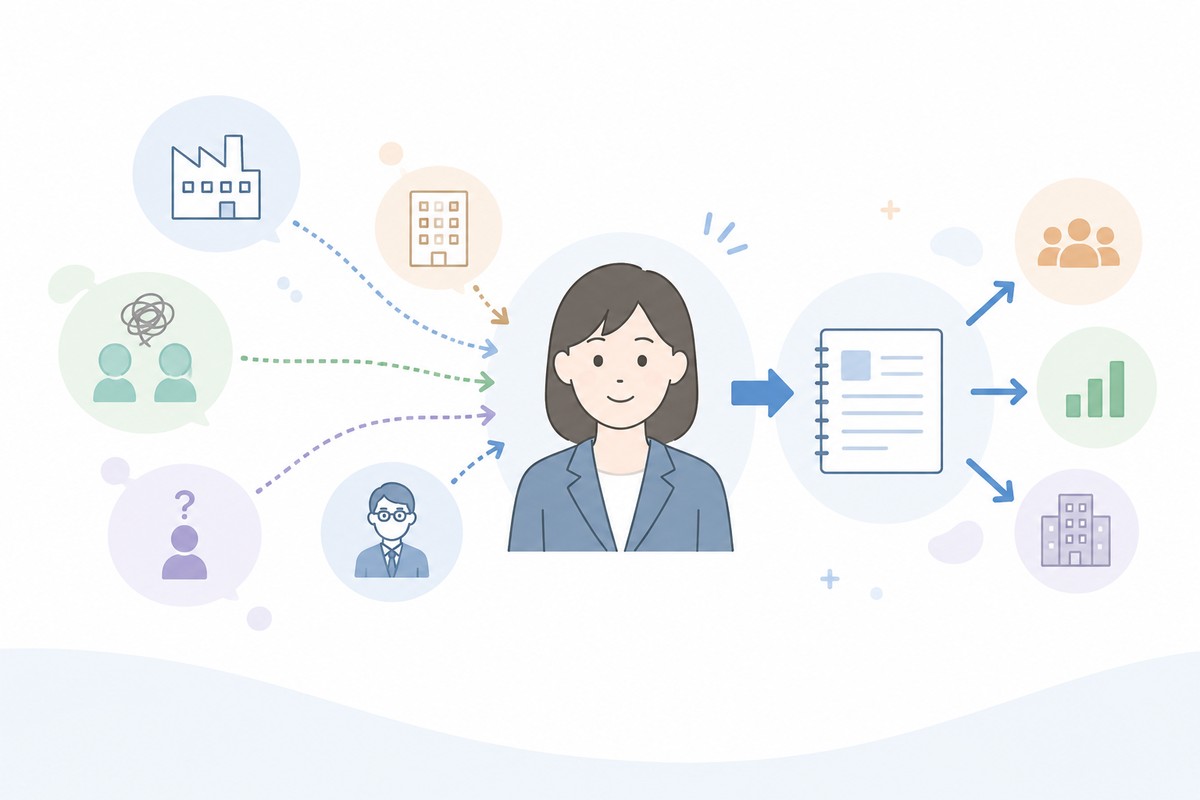 社内のさまざまな声を整理して伝える総務のイラスト