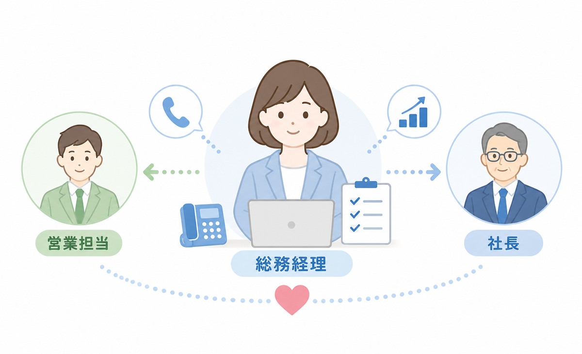 支払確認の電話対応を一人で抱え込まず社内に共有する総務経理のイラスト