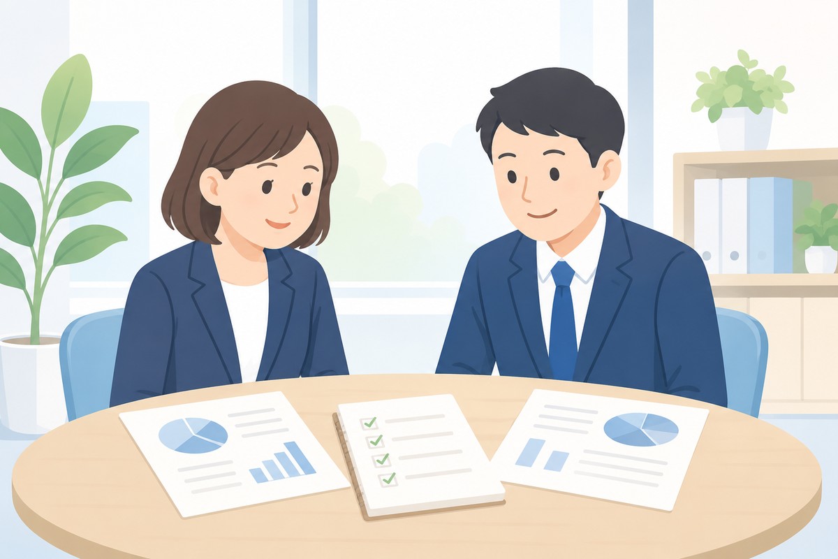 経理担当と営業担当が責め合わず情報を整理しているイラスト
