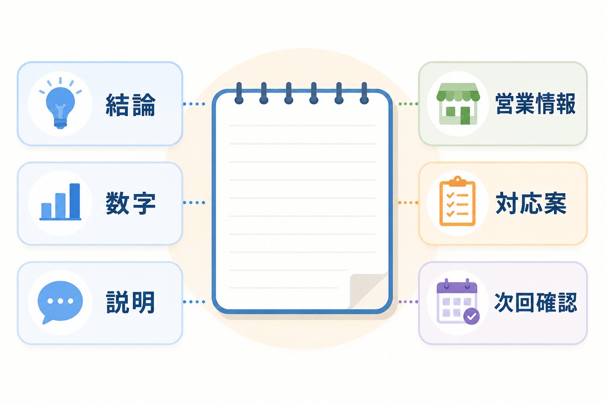 売掛滞留を社長に報告するメモの基本型を示す図解