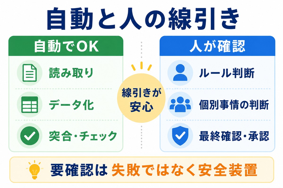 自動処理するものと人へ戻すものを比較した図解