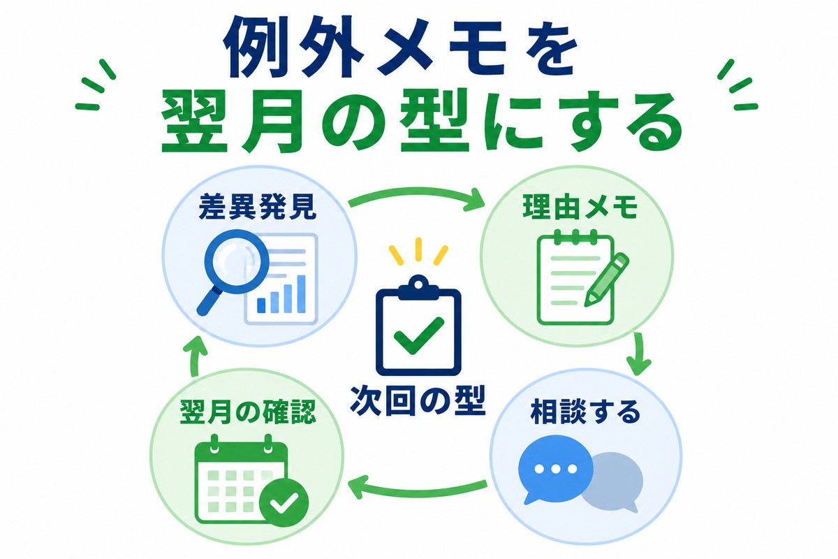 月次決算の例外メモを翌月の確認に活かす循環図