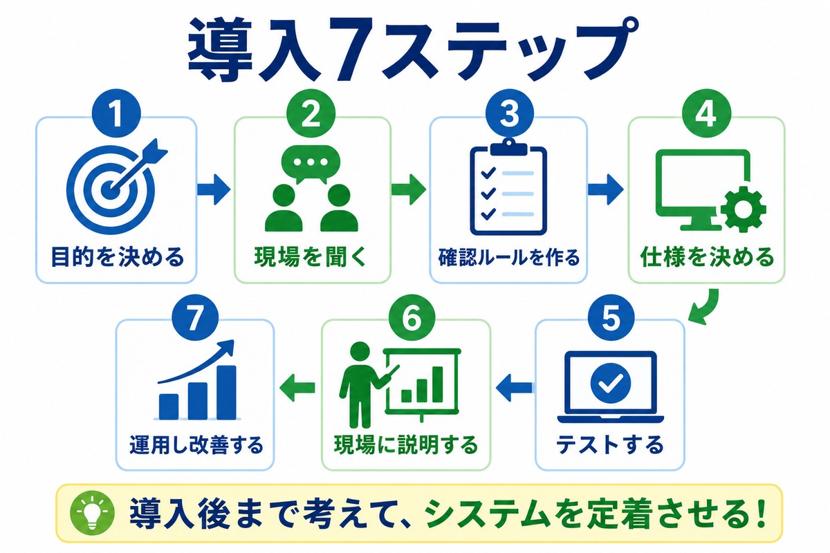 システム導入を実務へ定着させる7ステップの流れ図