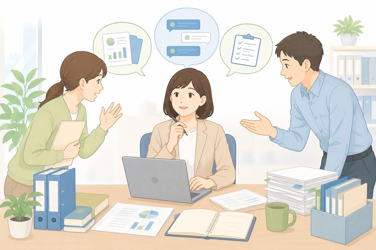 一人総務が社内を支える様子のイラスト