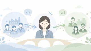板挟みではなく中に立つ。一人総務が社内調整で意識したい立ち位置の内容を示すアイキャッチ