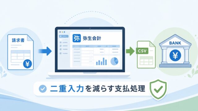 弥生会計から銀行振込データを作る実務設計。二重入力を減らす少人数経理の支払処理の内容を示すアイキャッチ