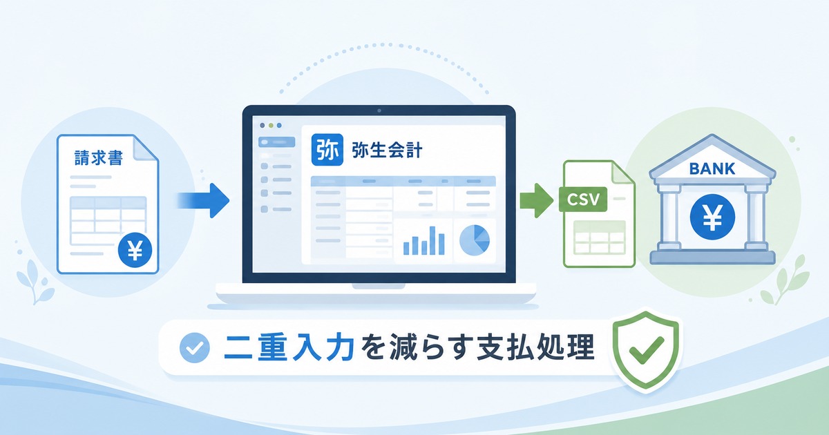 弥生会計から銀行振込データを作る実務設計。二重入力を減らす少人数経理の支払処理の内容を示すアイキャッチ