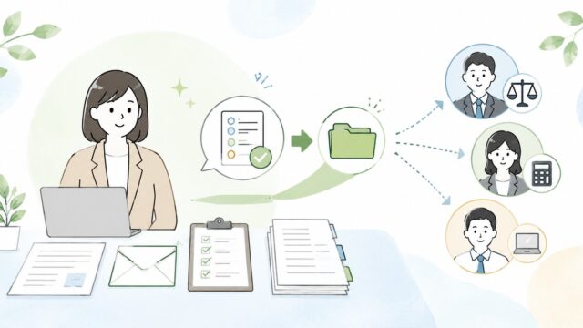 外部専門家へ良いパスを出す総務の相談術。社労士・税理士・IT業者に聞く前の整理の内容を示すアイキャッチ
