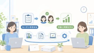 少人数総務でパート社員に任せる仕事の分け方。ルーチンを渡し、改善に時間を作るの内容を示すアイキャッチ
