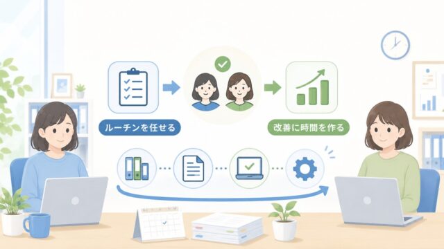 少人数総務でパート社員に任せる仕事の分け方。ルーチンを渡し、改善に時間を作るの内容を示すアイキャッチ