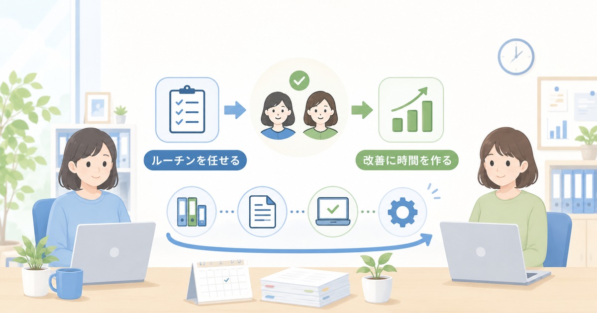 少人数総務でパート社員に任せる仕事の分け方。ルーチンを渡し、改善に時間を作るの内容を示すアイキャッチ