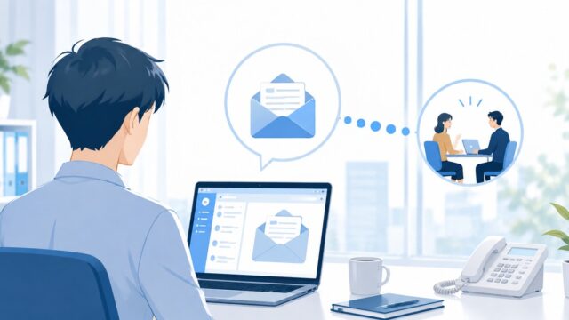 システム会社との打ち合わせを短くする。メールで仕様を詰めて電話は最後に使うの内容を示すアイキャッチ