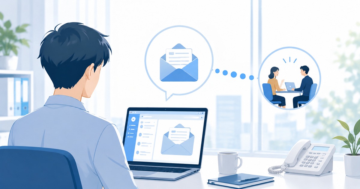 システム会社との打ち合わせを短くする。メールで仕様を詰めて電話は最後に使うの内容を示すアイキャッチ