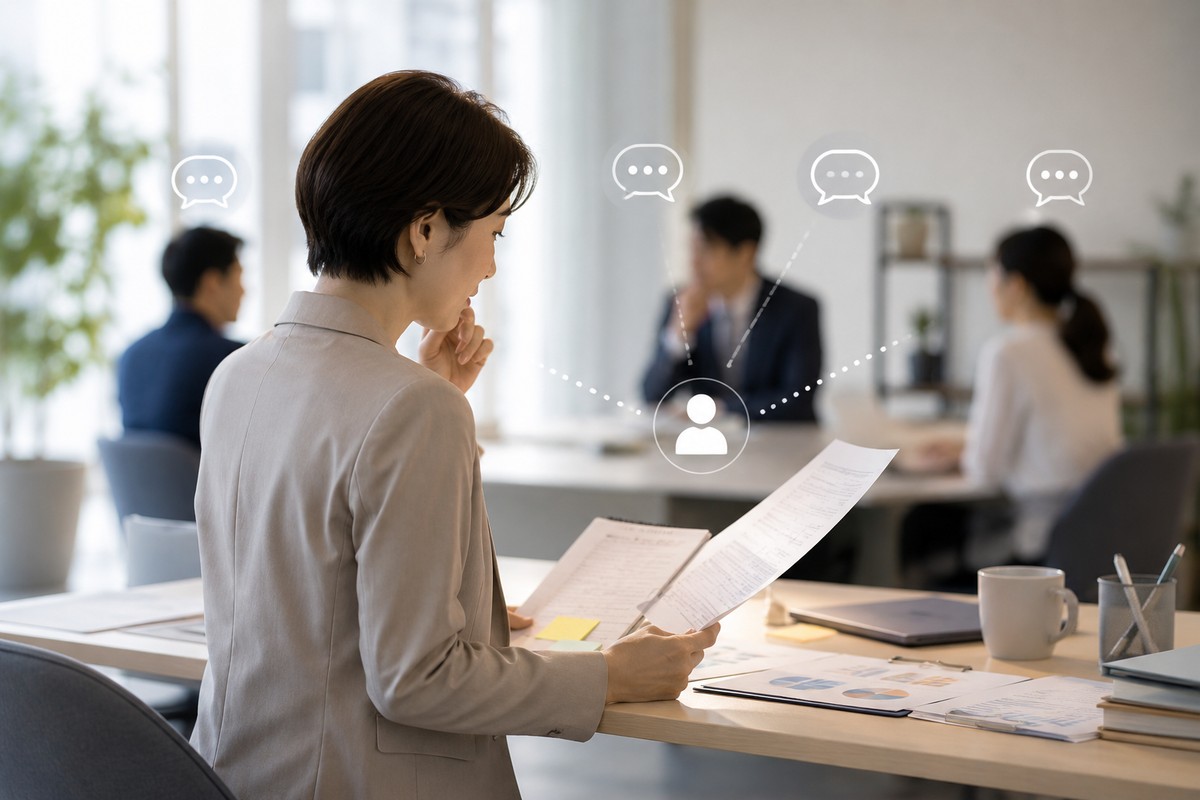 現場と経営層と外部ベンダーの間で情報を整理する一人総務の実務イメージ