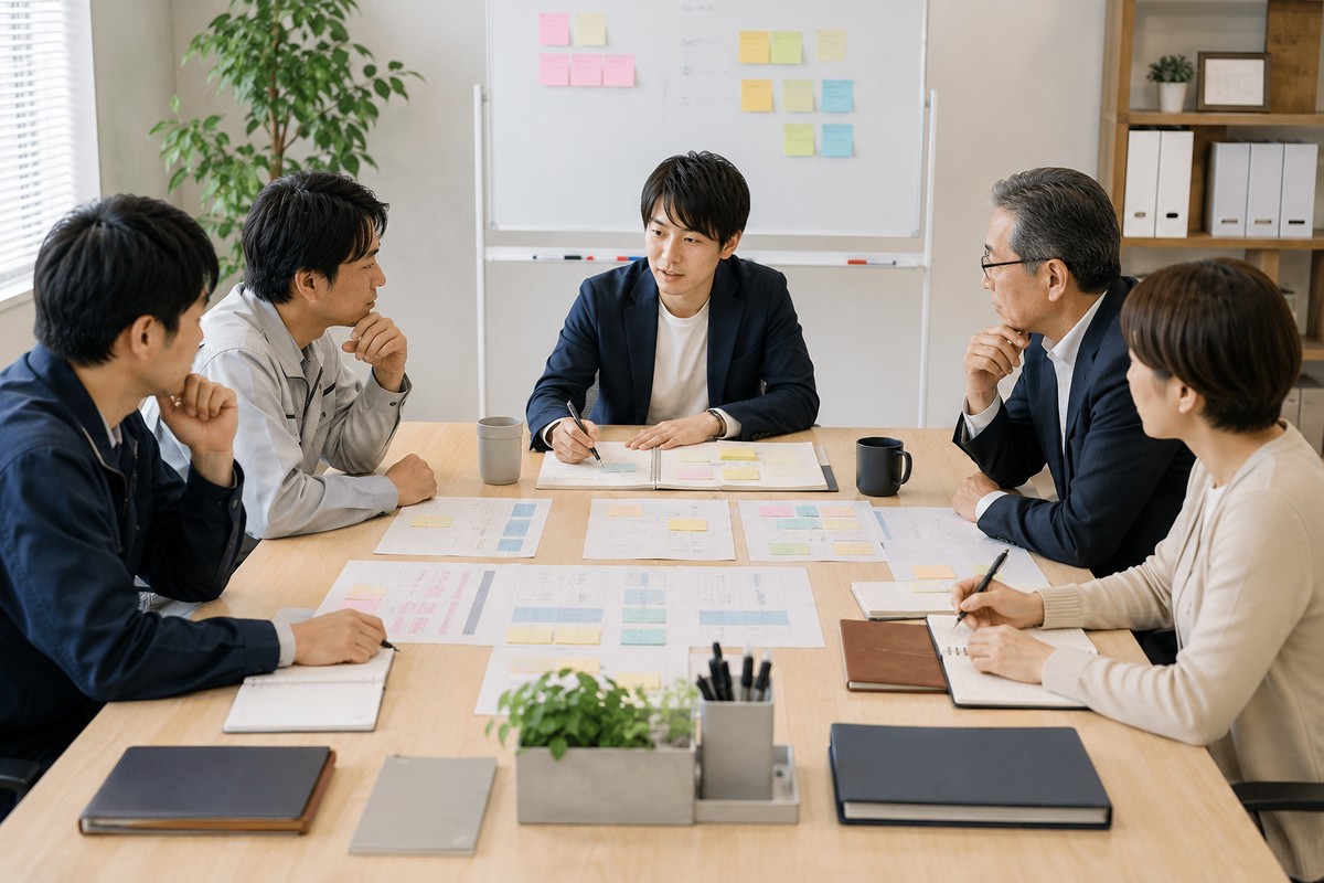 現場側と管理側の間で意見を整理する一人総務の実務イメージ