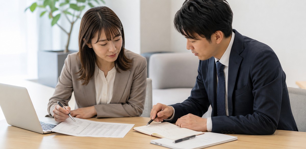 営業担当者と総務経理担当者が入金確認表や営業メモを見ながら店舗の状況を確認している様子
