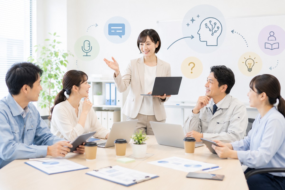 社内でAI体験会を開き社員に使い方を伝える総務のイメージ