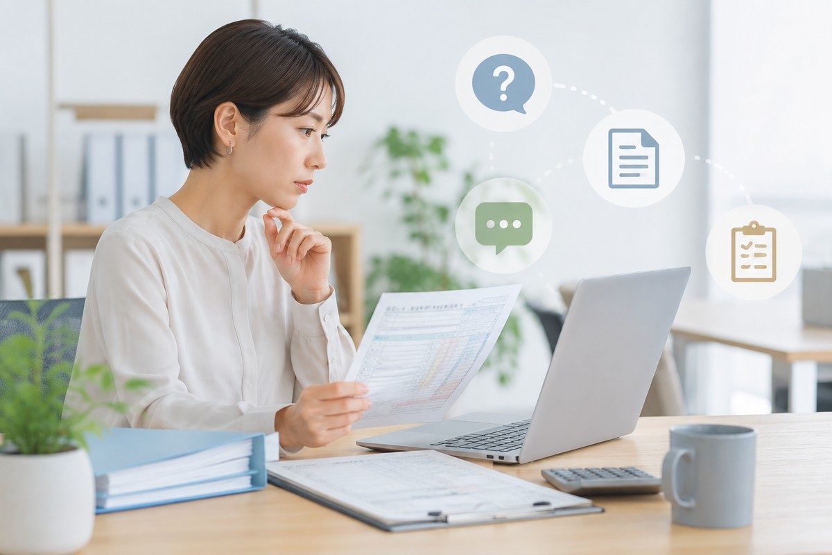 社内資料とチャットを確認しながら問い合わせ対応を整理する一人総務の実務イメージ