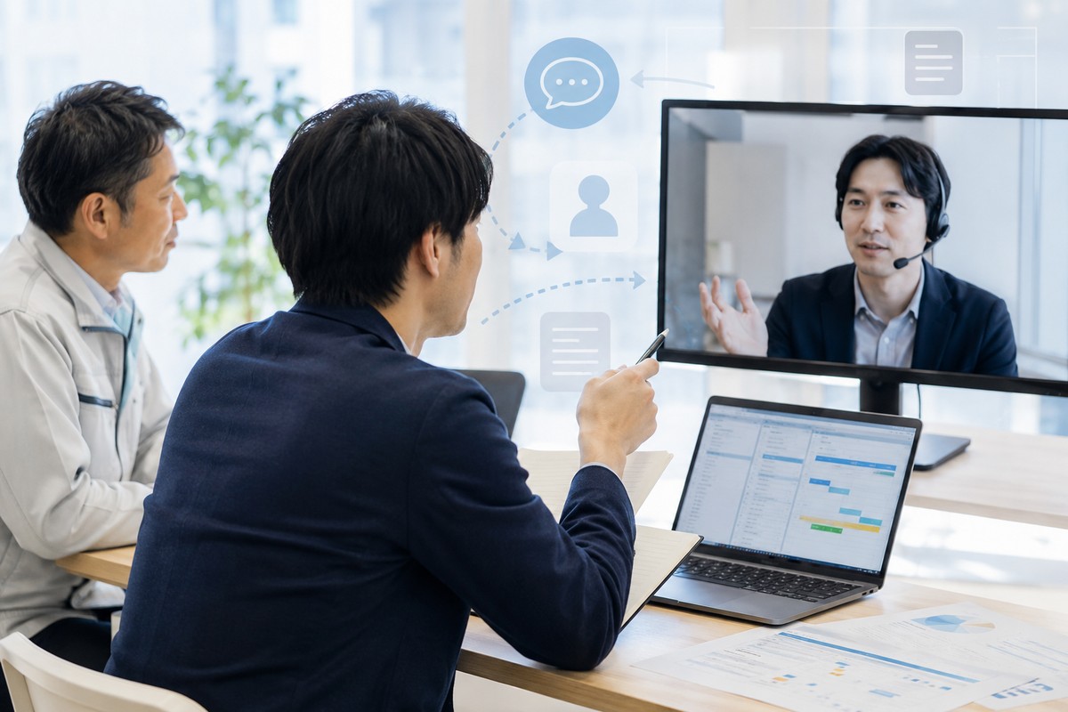 現場とシステム会社の間で情報を整理する一人総務の実務イメージ