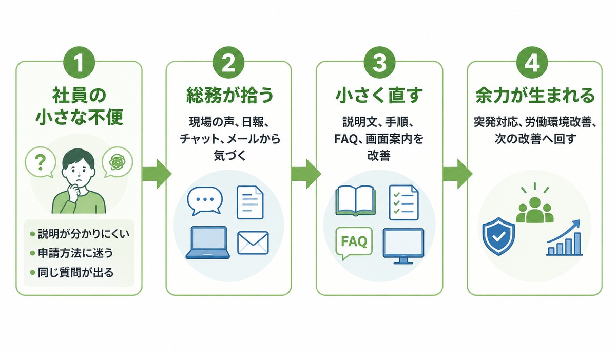 少人数総務が社員の小さな不便を拾い、社内説明や手順改善、FAQ化へつなげる流れの図解
