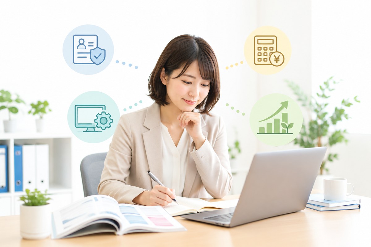 ノートPCと月刊誌を見ながら実務に必要な知識を学ぶ一人総務のイメージ