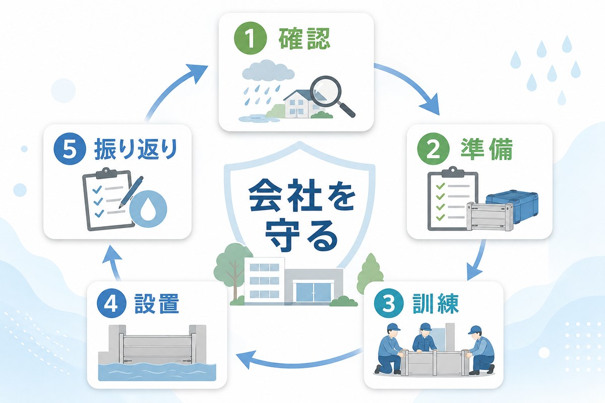 一人総務が水害対策を確認、準備、訓練、設置、振り返りで進める全体像