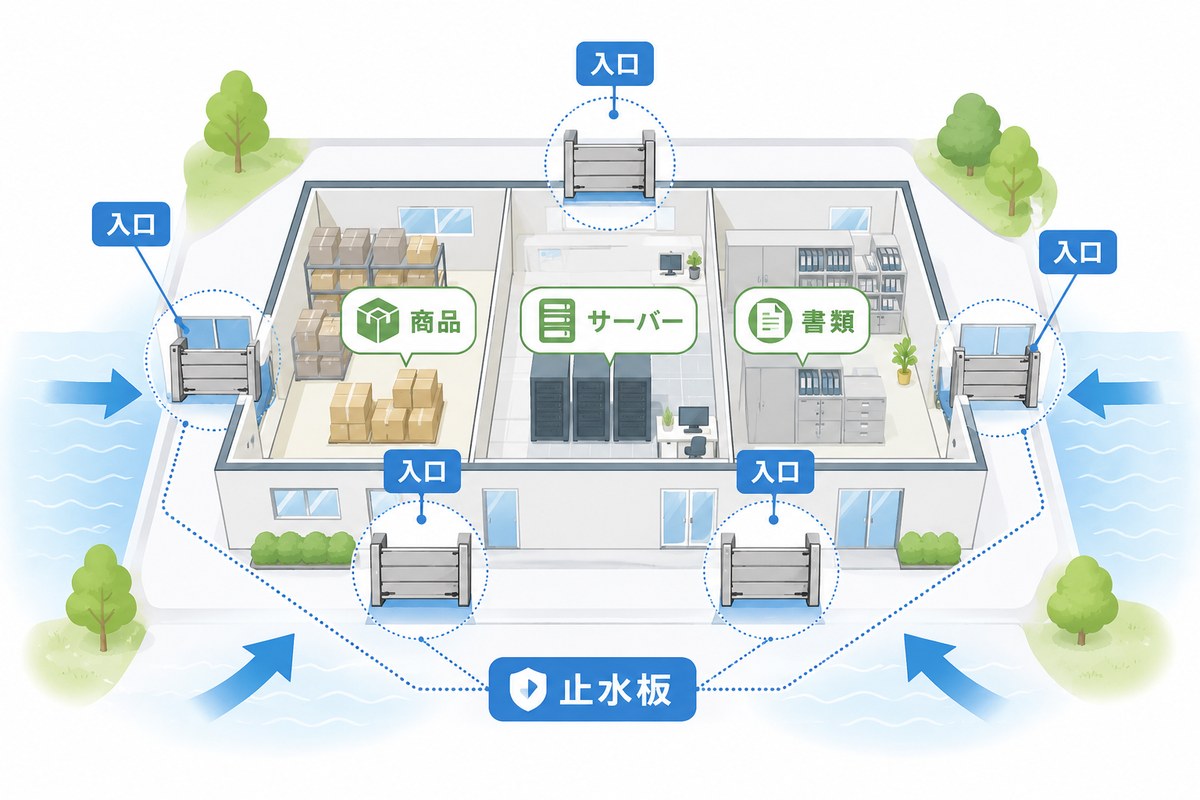 建物全体の入口に止水板を設置して商品、サーバー、書類を守る図解
