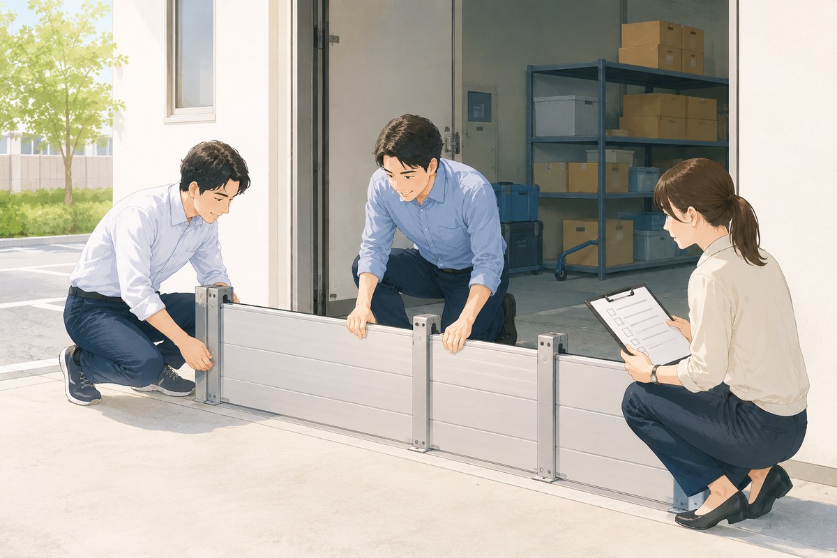 社員が防災訓練で止水板の取り付け方を確認している実務イメージ
