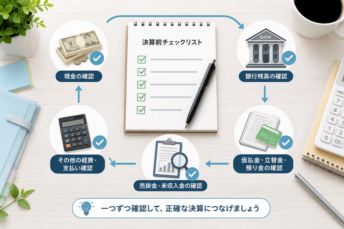 決算前に確認する現金、銀行残高、仮払金などの全体像