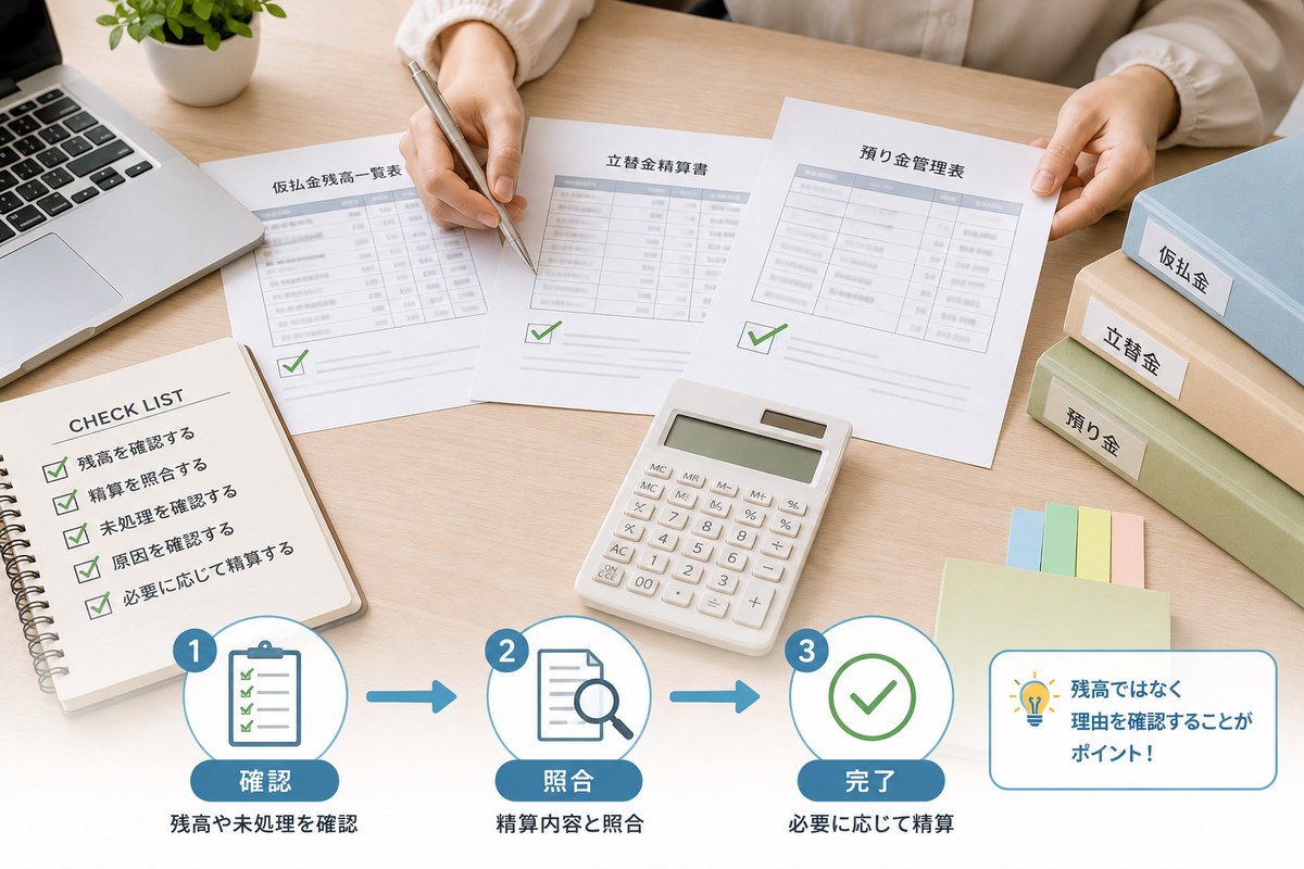 仮払金、立替金、預り金の残高と精算内容を確認するイメージ