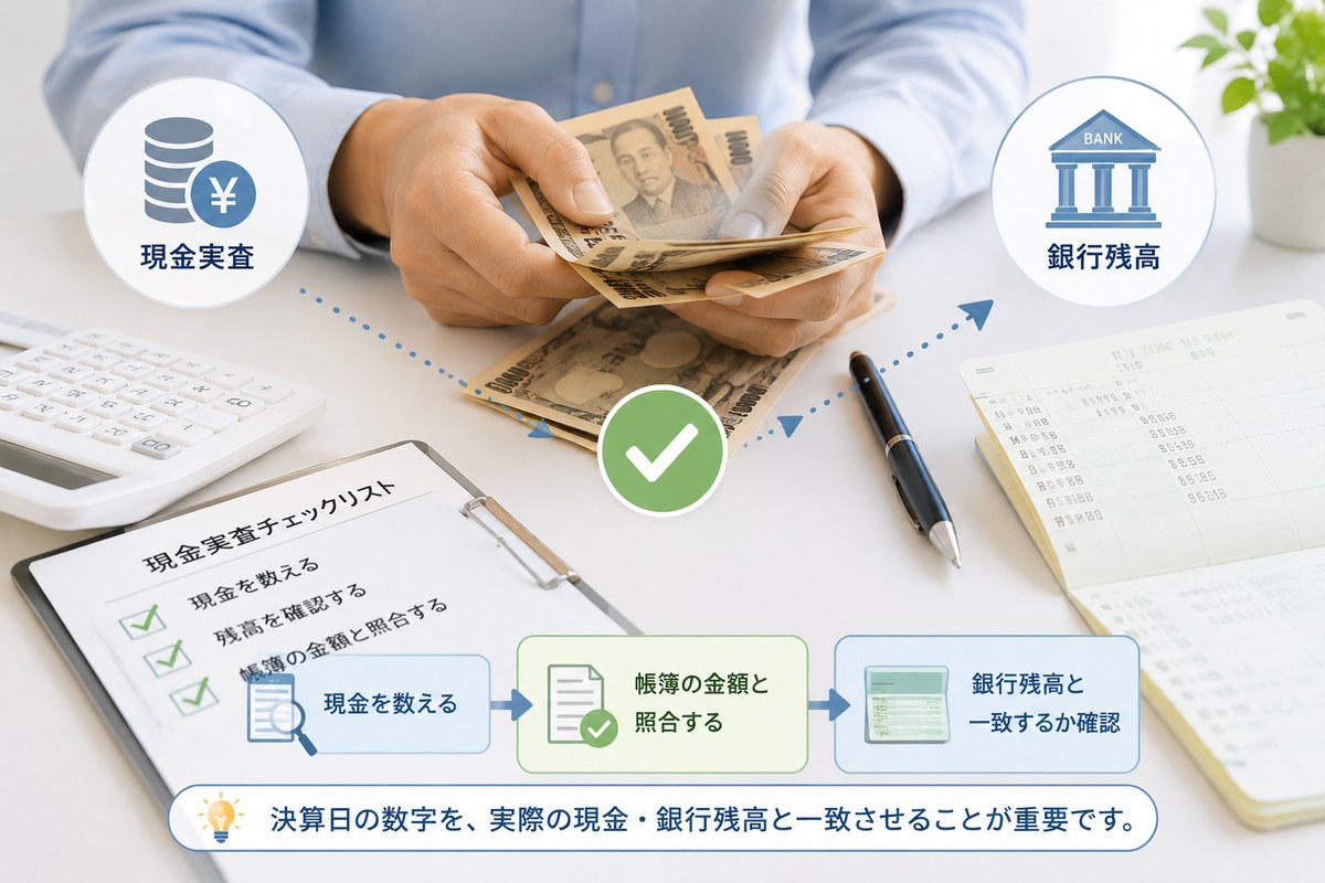 現金実査と銀行残高を確認して決算日の数字を合わせる様子