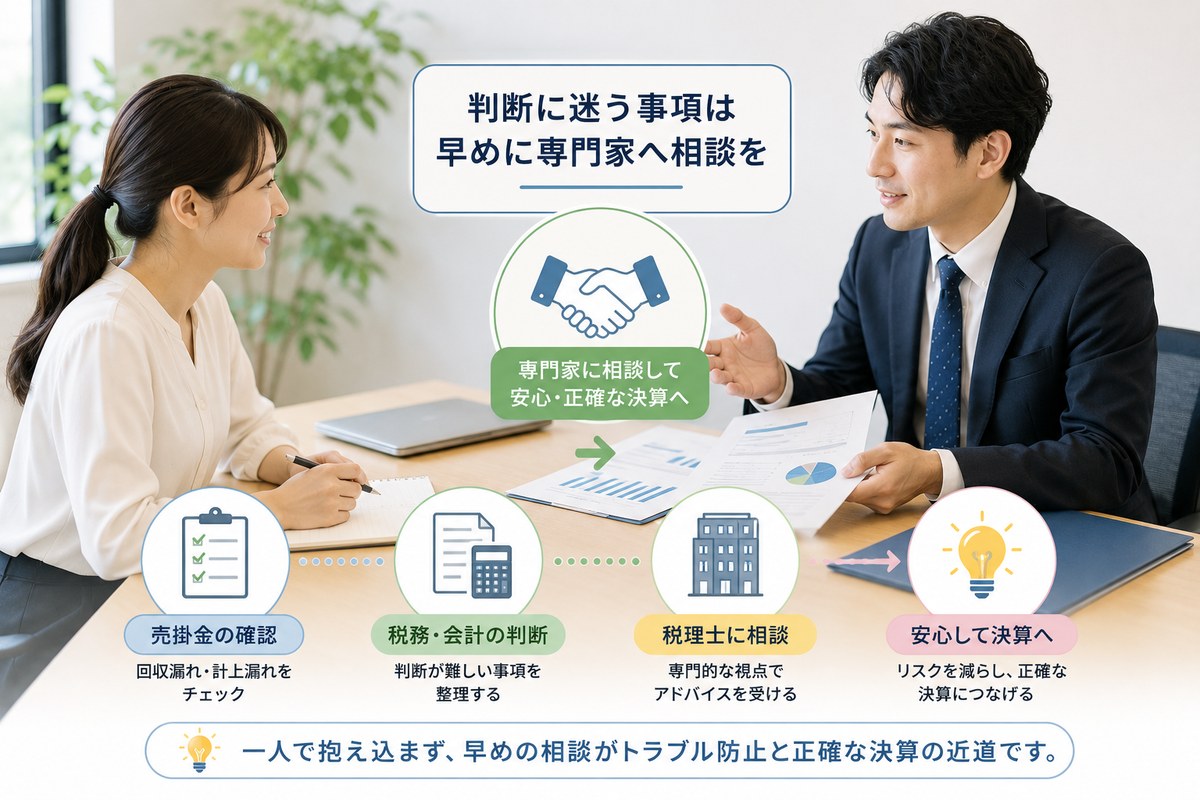 売掛金や貸倒処理など判断に迷う事項を税理士へ相談するイメージ