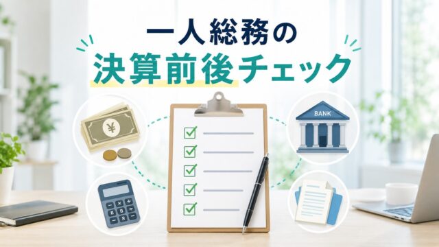 一人総務が決算日前後に現金、銀行、仮払金などを確認するアイキャッチ