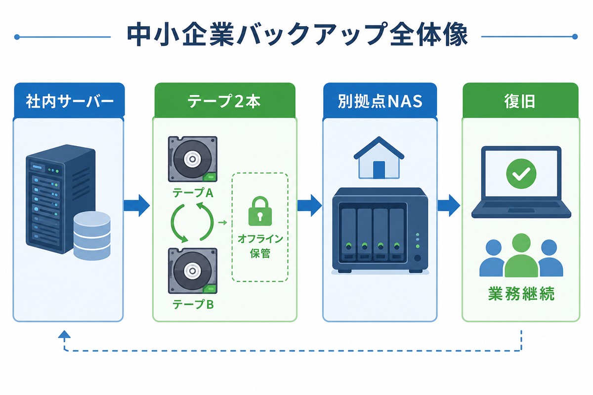 テープとNASを組み合わせた中小企業バックアップ構成図
