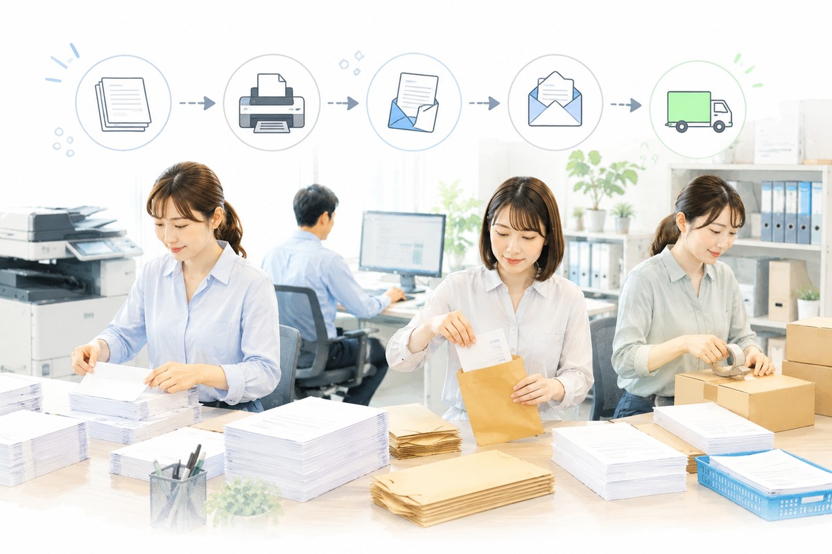 月初に請求書発行作業が集中する経理担当のイメージ